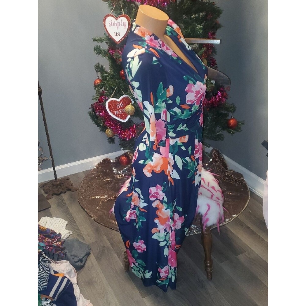 Vince Camuto Navy Floral Wrap Midi Dress - Picture 4 of 7